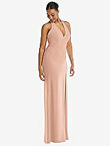 Alt View 1 Thumbnail - Pale Peach Plunge Neck Halter Backless Trumpet Gown with Front Slit
