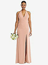 Alt View 2 Thumbnail - Pale Peach Plunge Neck Halter Backless Trumpet Gown with Front Slit