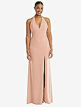 Front View Thumbnail - Pale Peach Plunge Neck Halter Backless Trumpet Gown with Front Slit