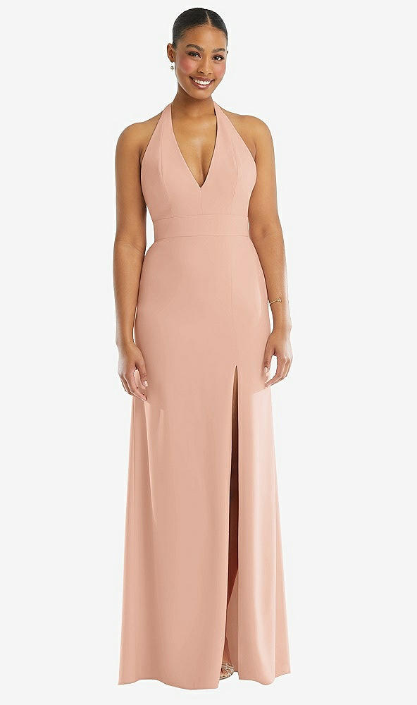 Front View - Pale Peach Plunge Neck Halter Backless Trumpet Gown with Front Slit