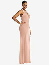 Side View Thumbnail - Pale Peach Plunge Neck Halter Backless Trumpet Gown with Front Slit