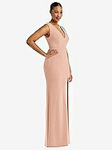 Side View Thumbnail - Pale Peach Deep V-Neck Closed Back Crepe Trumpet Gown with Front Slit