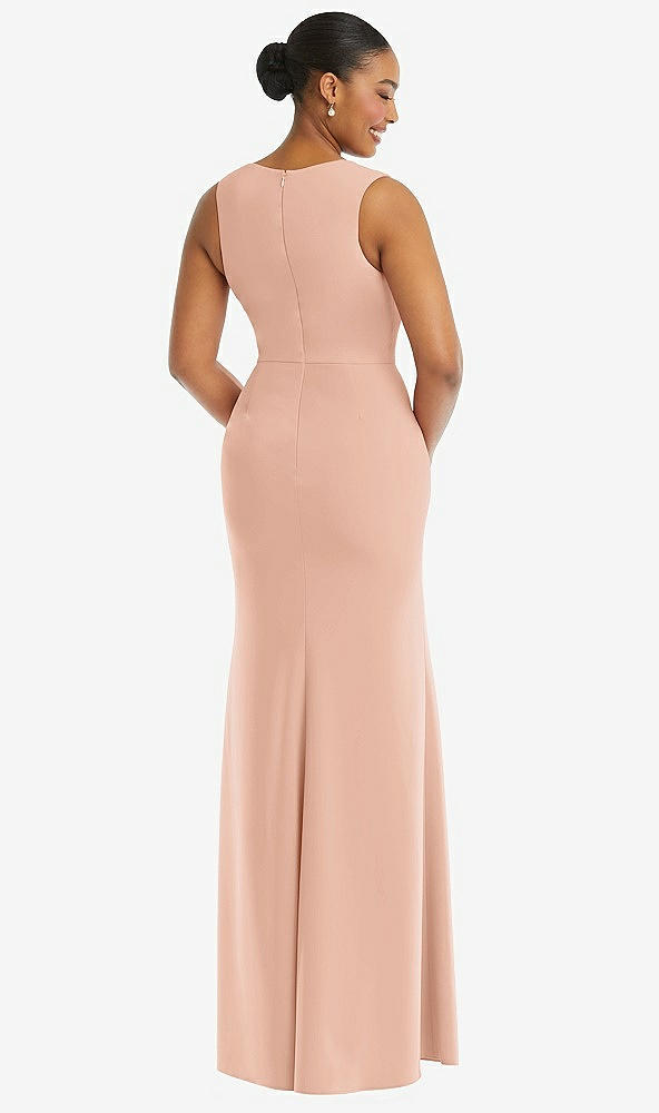 Back View - Pale Peach Deep V-Neck Closed Back Crepe Trumpet Gown with Front Slit