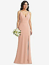 Alt View 1 Thumbnail - Pale Peach Skinny Strap Deep V-Neck Crepe Trumpet Gown with Front Slit