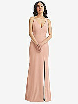 Front View Thumbnail - Pale Peach Skinny Strap Deep V-Neck Crepe Trumpet Gown with Front Slit