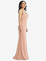 Side View Thumbnail - Pale Peach Skinny Strap Deep V-Neck Crepe Trumpet Gown with Front Slit