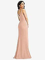 Rear View Thumbnail - Pale Peach Skinny Strap Deep V-Neck Crepe Trumpet Gown with Front Slit