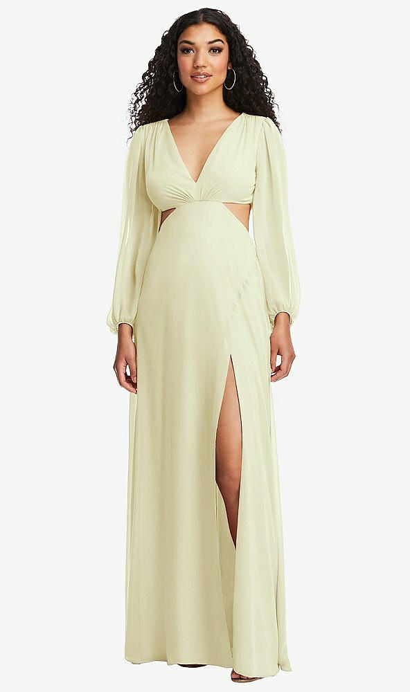 Front View - Butter Yellow Long Puff Sleeve Cutout Waist Chiffon Maxi Dress 