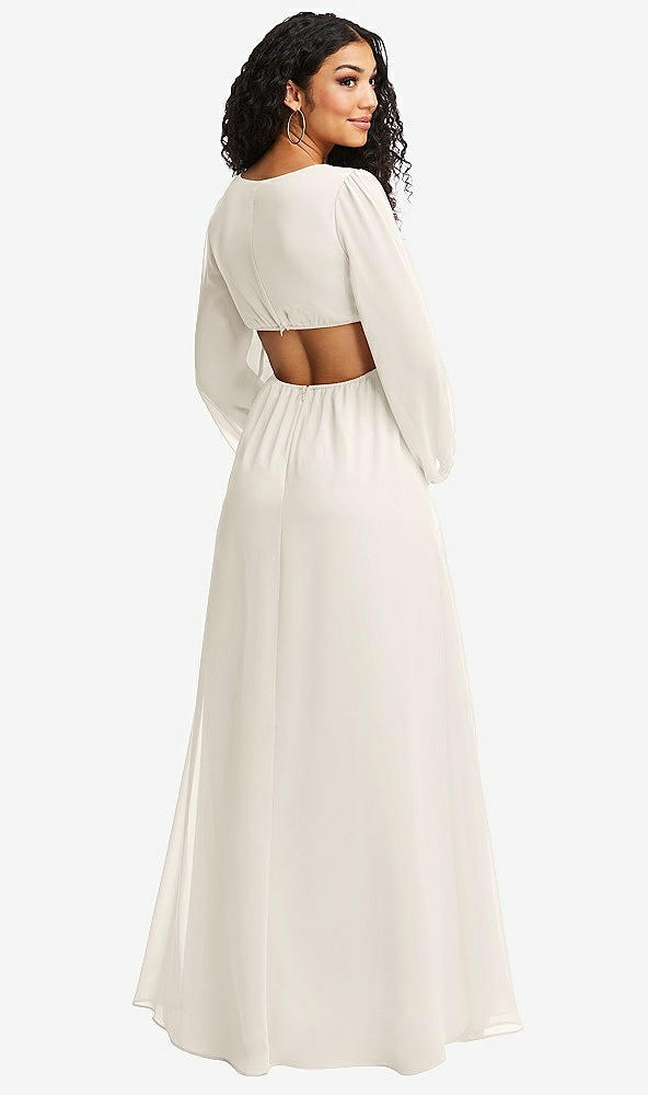 Back View - Ivory Long Puff Sleeve Cutout Waist Chiffon Maxi Dress 