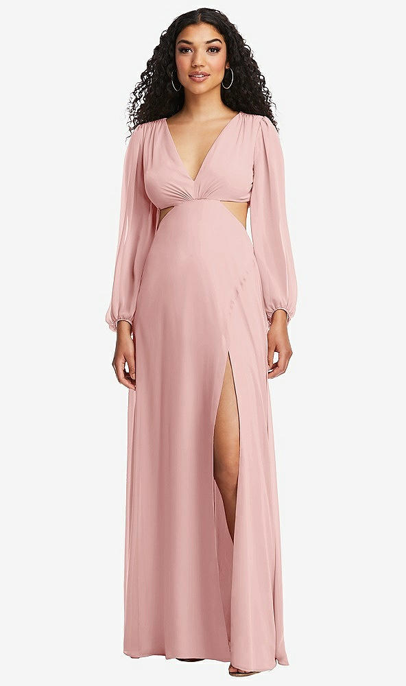 Front View - Rose Long Puff Sleeve Cutout Waist Chiffon Maxi Dress 