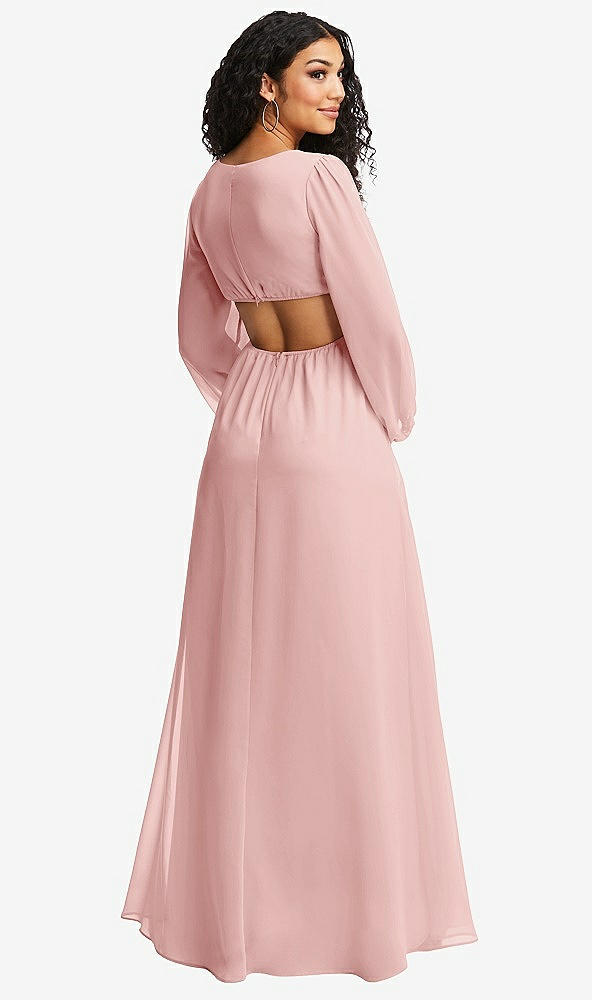 Back View - Rose Long Puff Sleeve Cutout Waist Chiffon Maxi Dress 