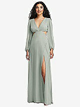 Front View Thumbnail - Willow Green Long Puff Sleeve Cutout Waist Chiffon Maxi Dress 