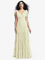 Front View Thumbnail - Butter Yellow Bow-Shoulder Faux Wrap Maxi Dress with Tiered Skirt