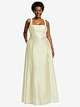 Alt View 1 Thumbnail - Butter Yellow Boned Corset Closed-Back Satin Gown with Full Skirt and Pockets