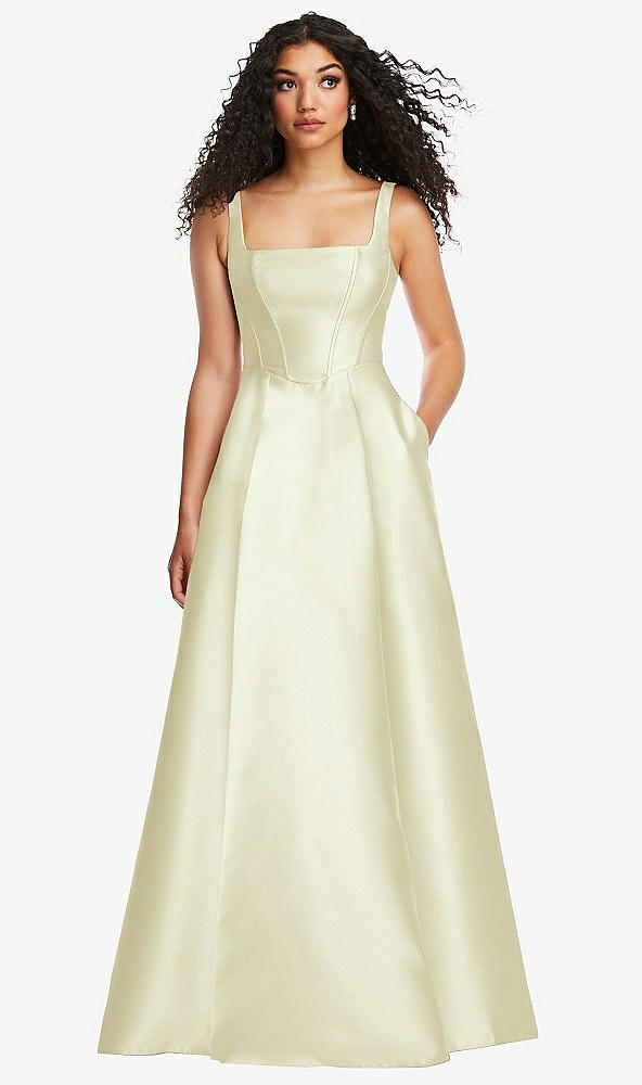 Front View - Butter Yellow Boned Corset Closed-Back Satin Gown with Full Skirt and Pockets