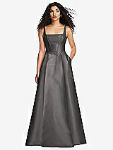 Front View Thumbnail - Caviar Gray Boned Corset Closed-Back Satin Gown with Full Skirt and Pockets