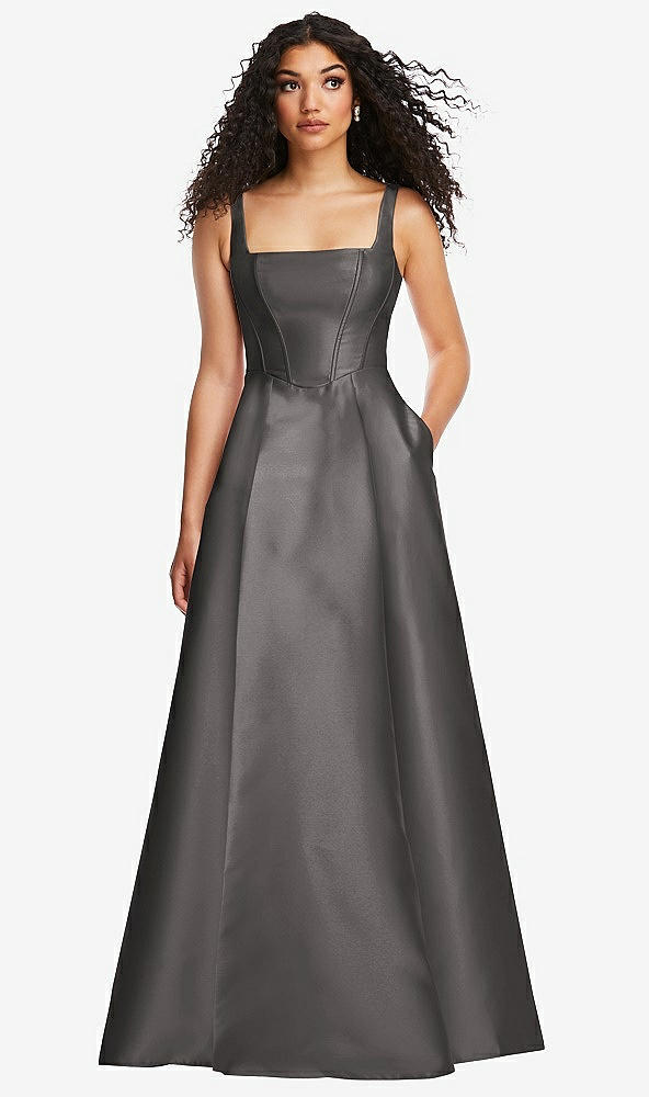 Front View - Caviar Gray Boned Corset Closed-Back Satin Gown with Full Skirt and Pockets