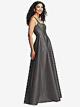 Side View Thumbnail - Caviar Gray Boned Corset Closed-Back Satin Gown with Full Skirt and Pockets