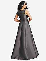 Rear View Thumbnail - Caviar Gray Boned Corset Closed-Back Satin Gown with Full Skirt and Pockets