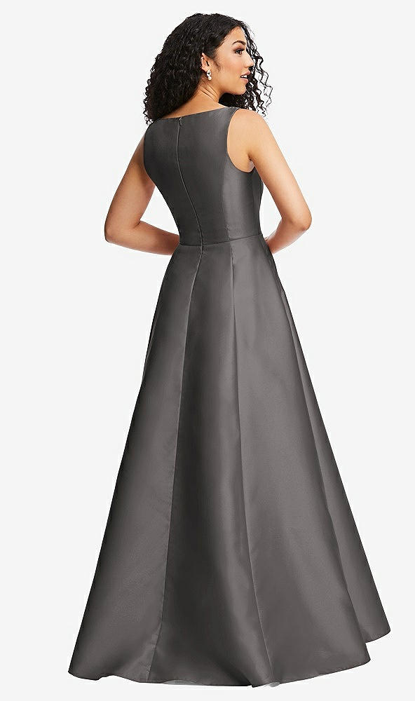 Back View - Caviar Gray Boned Corset Closed-Back Satin Gown with Full Skirt and Pockets