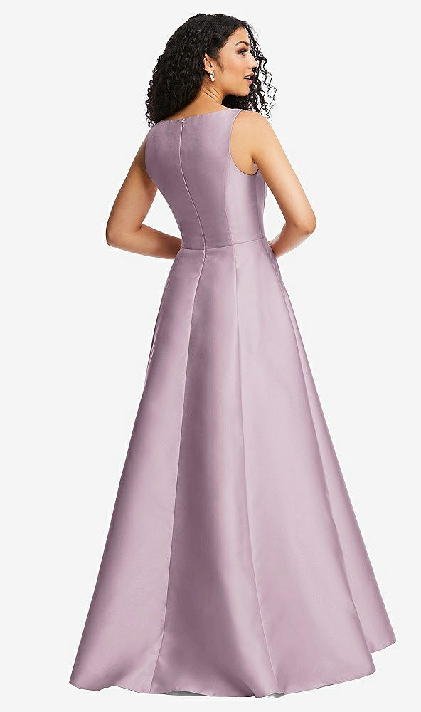 Back View - Suede Rose Boned Corset Closed-Back Satin Gown with Full Skirt and Pockets