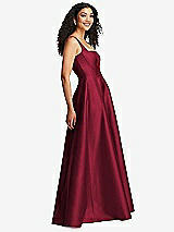 Side View Thumbnail - Burgundy Boned Corset Closed-Back Satin Gown with Full Skirt and Pockets