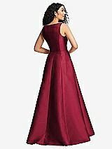 Rear View Thumbnail - Burgundy Boned Corset Closed-Back Satin Gown with Full Skirt and Pockets