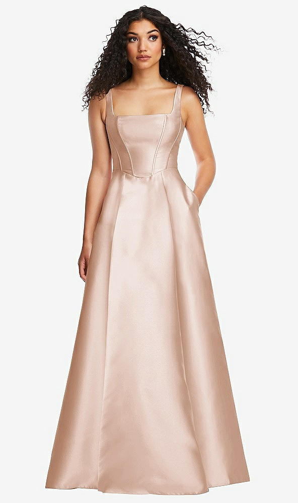 Front View - Cameo Boned Corset Closed-Back Satin Gown with Full Skirt and Pockets