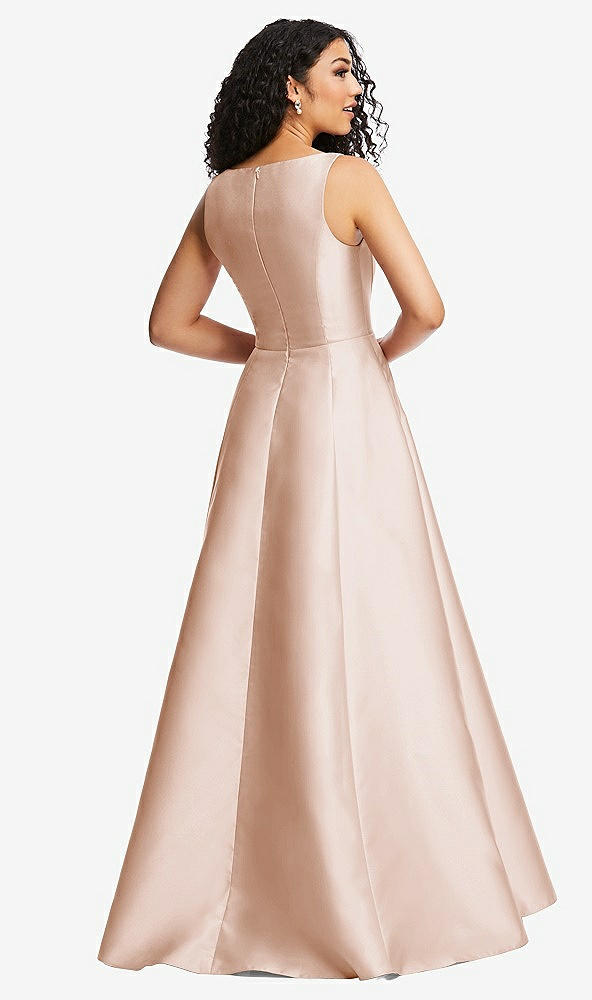Back View - Cameo Boned Corset Closed-Back Satin Gown with Full Skirt and Pockets