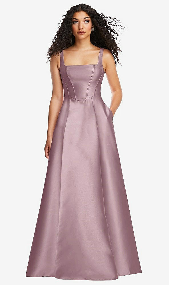 Front View - Dusty Rose Boned Corset Closed-Back Satin Gown with Full Skirt and Pockets