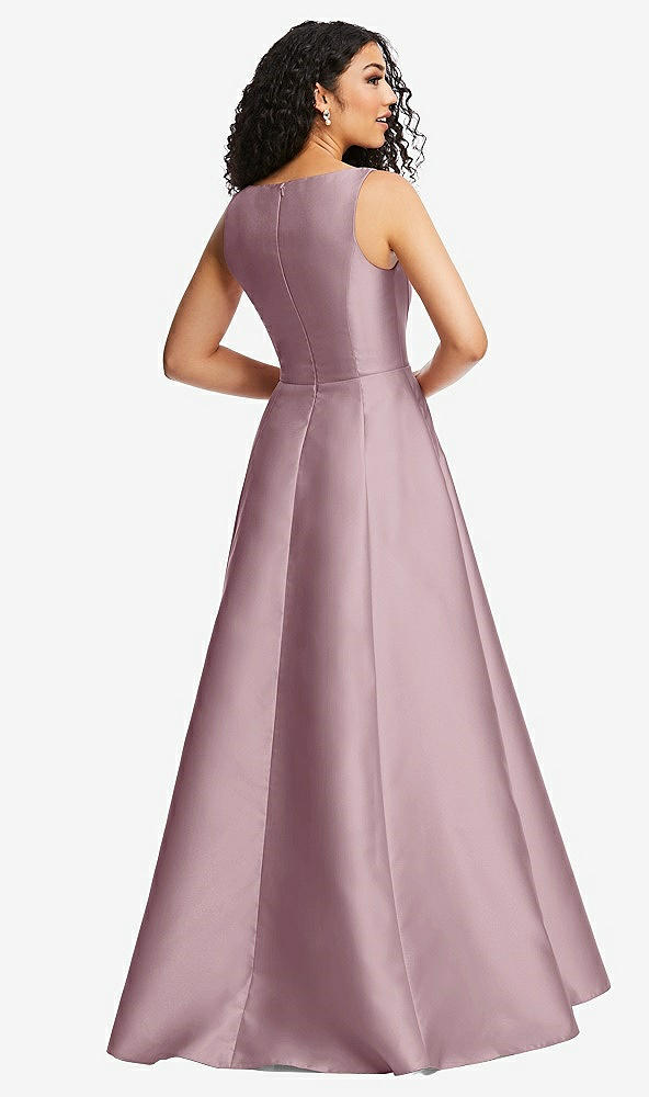 Back View - Dusty Rose Boned Corset Closed-Back Satin Gown with Full Skirt and Pockets