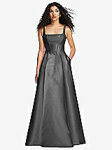 Front View Thumbnail - Gunmetal Boned Corset Closed-Back Satin Gown with Full Skirt and Pockets