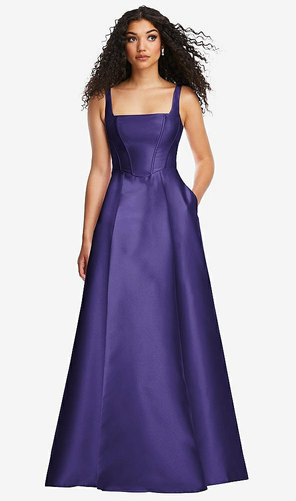 Front View - Grape Boned Corset Closed-Back Satin Gown with Full Skirt and Pockets