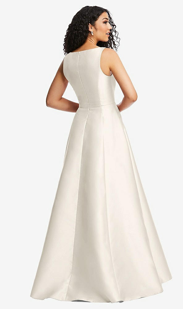 Back View - Ivory Boned Corset Closed-Back Satin Gown with Full Skirt and Pockets