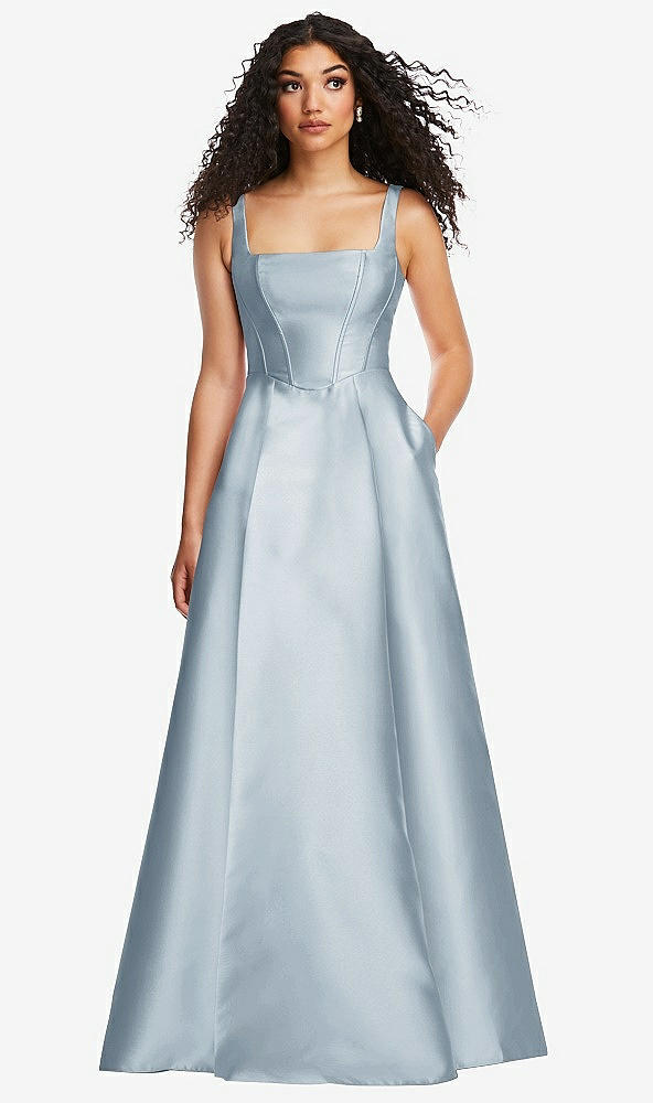 Front View - Mist Boned Corset Closed-Back Satin Gown with Full Skirt and Pockets