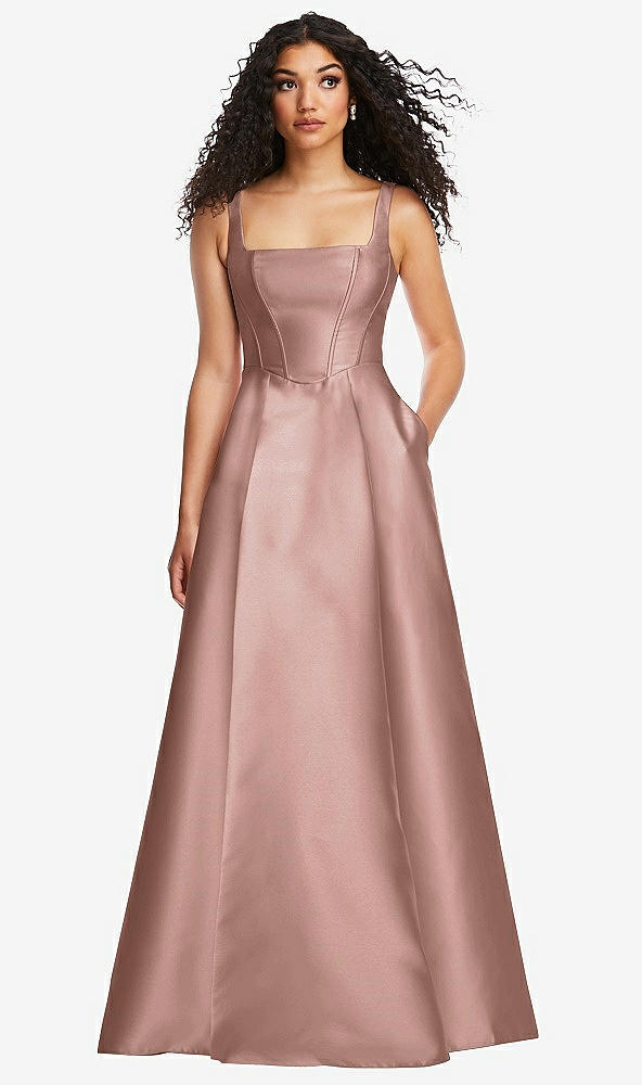Front View - Neu Nude Boned Corset Closed-Back Satin Gown with Full Skirt and Pockets