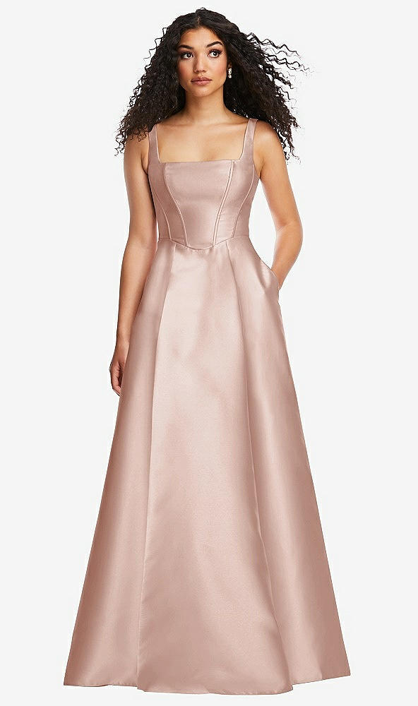 Front View - Toasted Sugar Boned Corset Closed-Back Satin Gown with Full Skirt and Pockets
