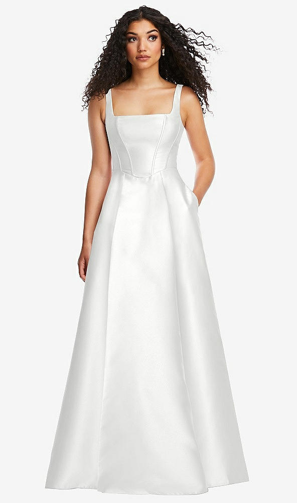 Front View - White Boned Corset Closed-Back Satin Gown with Full Skirt and Pockets