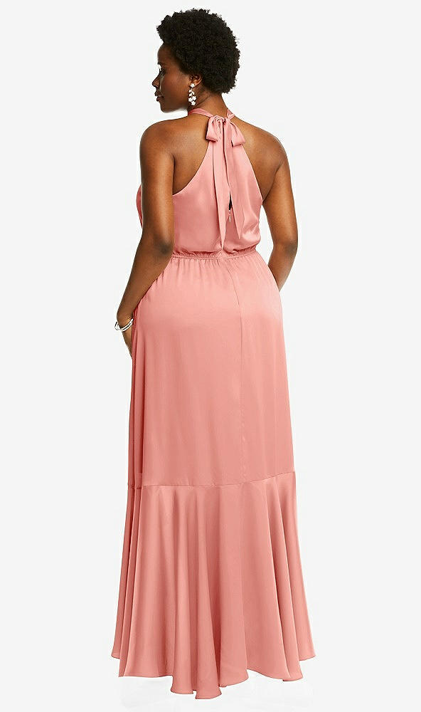 Back View - Rose Tie-Neck Halter Maxi Dress with Asymmetric Cascade Ruffle Skirt