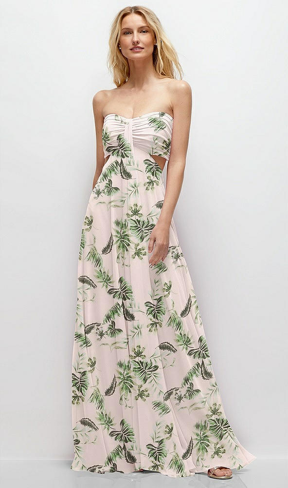 Front View - Palm Beach Print Strapless Empire Waist Cutout Maxi Dress with Covered Button Detail
