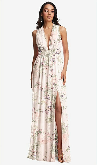 【関税&送料込み】ChloAC Dresses Shirred Deep Plunge Neck Closed Back Chiffon Maxi Bridesmaid