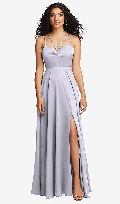 Dual Strap V-neck Lace-up Open-back Maxi Bridesmaid Dress In