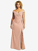 Alt View 1 Thumbnail - Pale Peach Cuffed Off-the-Shoulder Pleated Faux Wrap Maxi Dress