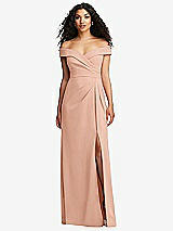 Front View Thumbnail - Pale Peach Cuffed Off-the-Shoulder Pleated Faux Wrap Maxi Dress