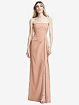 Alt View 1 Thumbnail - Pale Peach Strapless Pleated Faux Wrap Trumpet Gown with Front Slit