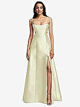 Front View Thumbnail - Butter Yellow Open Neckline Cutout Satin Twill A-Line Gown with Pockets