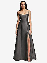 Front View Thumbnail - Caviar Gray Open Neckline Cutout Satin Twill A-Line Gown with Pockets