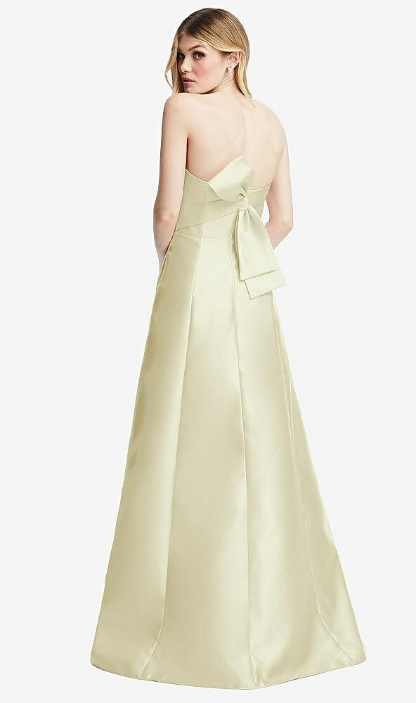 Front View - Butter Yellow Strapless A-line Satin Gown with Modern Bow Detail