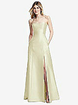 Rear View Thumbnail - Butter Yellow Strapless A-line Satin Gown with Modern Bow Detail