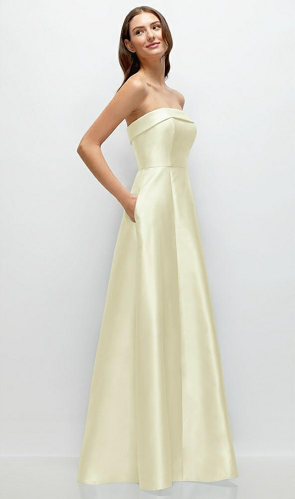 Back View - Butter Yellow Strapless Bias Cuff Bodice Satin Gown with Pockets